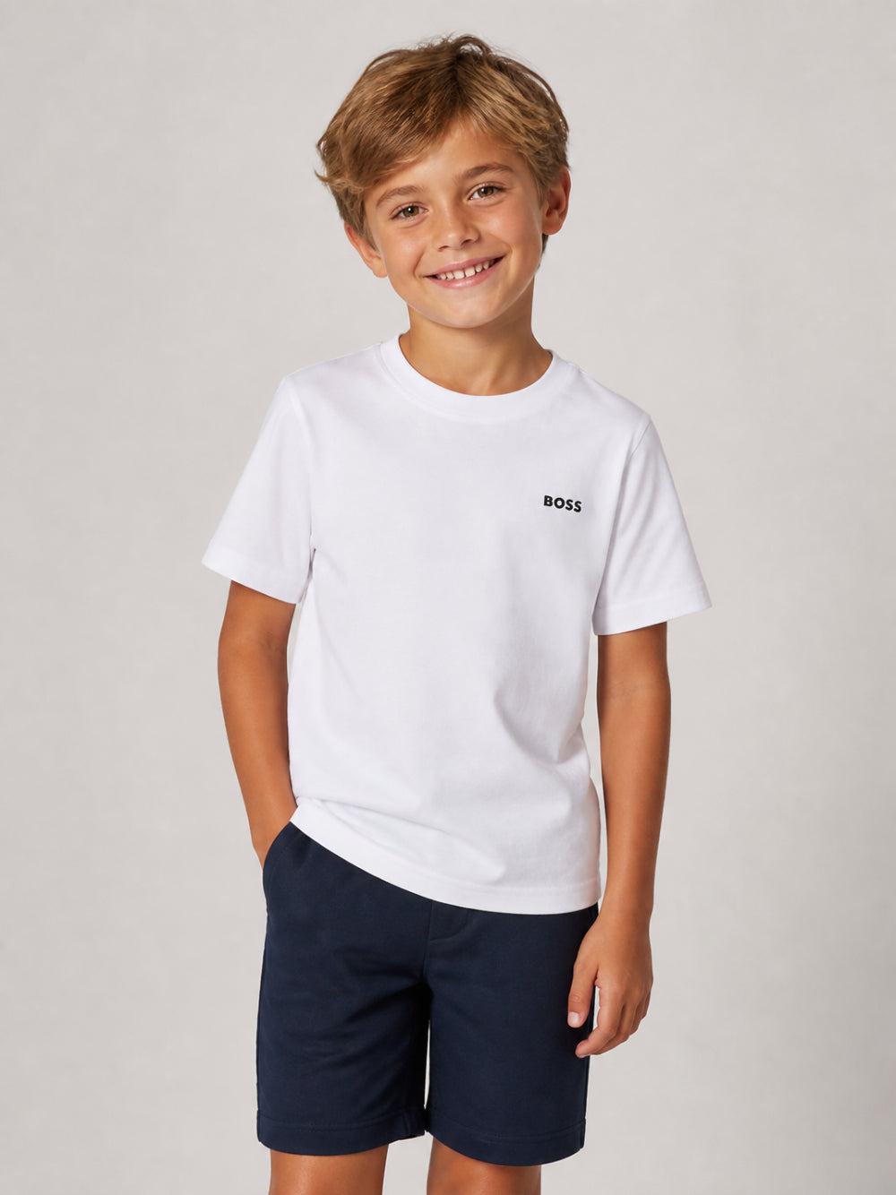 T-shirt per bambino Boss Kids bianca con logo sul davanti J25P23 10P BOSS KIDS 
