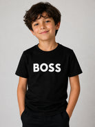 T-shirt per bambino BOSS Kids nera con logo goffrato bianco J25P24 09B BOSS KIDS 