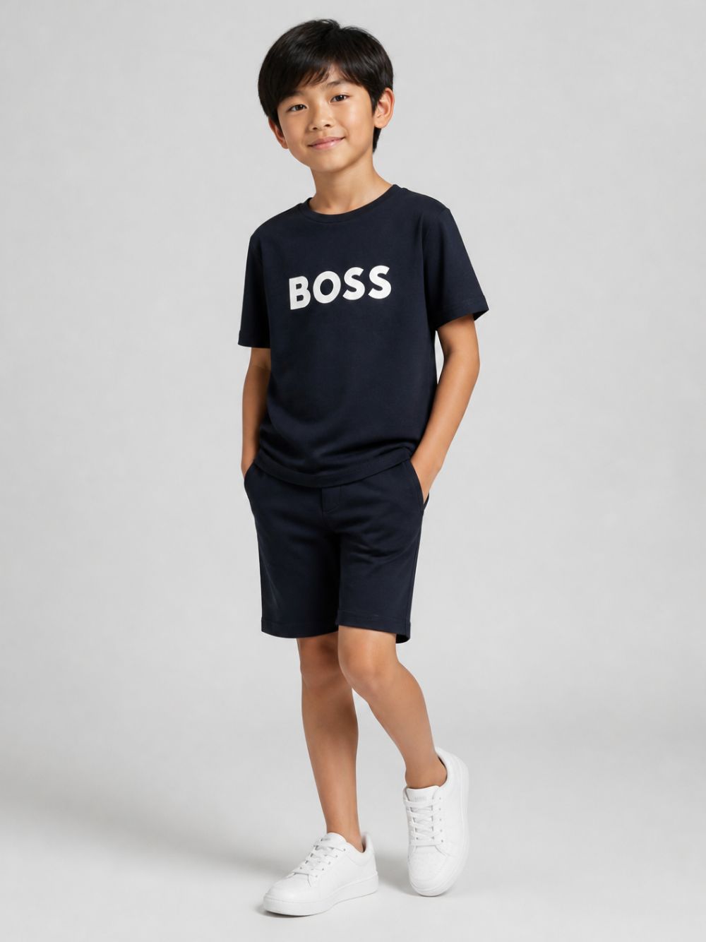 T-shirt per bambino BOSS Kidswear blu con logo goffrato bianco J25P24 849 BOSS KIDS 