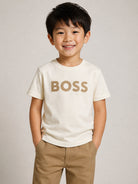 T-shirt per bambino Boss Kids bianca con logo sul davanti J52711 21C BOSS KIDS 