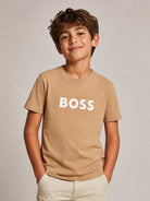 T-shirt per bambino Boss Kids beige con stampa logo frontale J52711 269 BOSS KIDS 