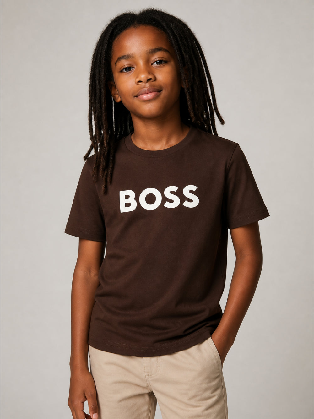 T-shirt per bambino Boss Kids marrone con stampa del logo J52711 343 BOSS KIDS 