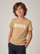 T-shirt per neonato Boss Kids beige con stampa logo sul davanti J52712 269 BOSS KIDS 