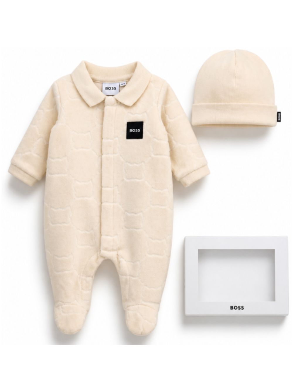 Tutina e cappellino per neonato Boss Kids beige con motivo jacquard J53290 21K BOSS KIDS 