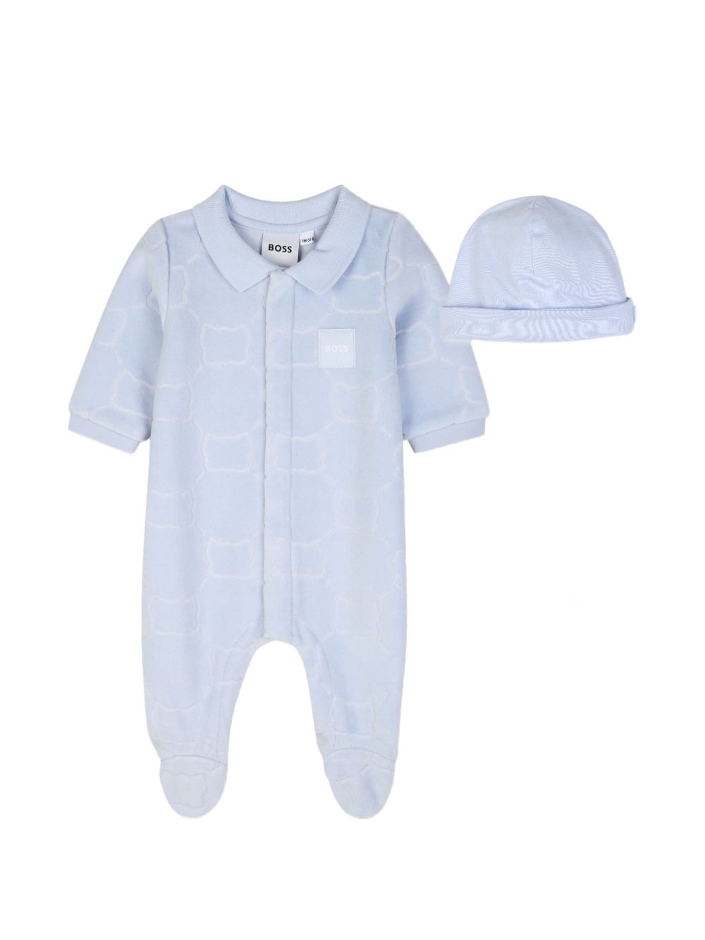 Tutina e cappellino per neonato Boss Kids azzurra con motivo jacquard J53290 771 BOSS KIDS 