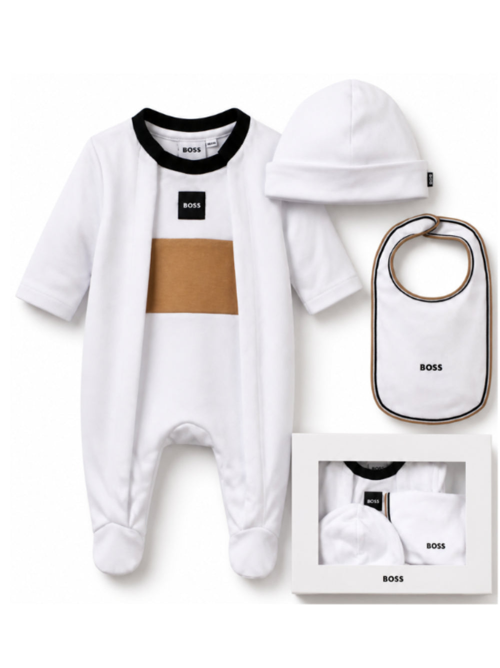 Tutina, berretto e bavaglino per neonato Boss Kids bianco inserto color-block J53292 10P BOSS KIDS 