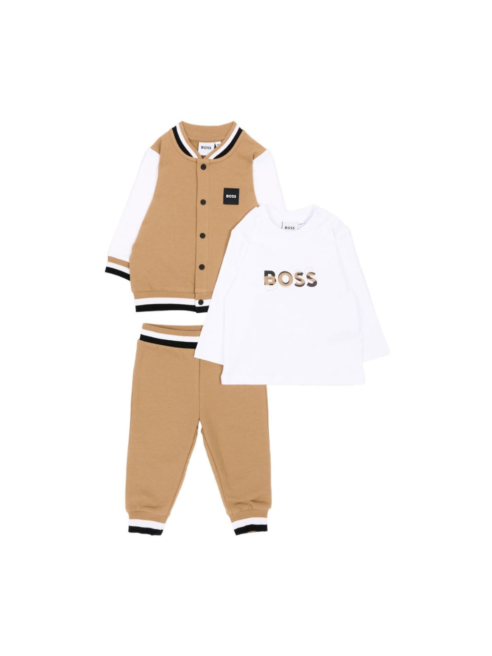 Set tre pezzi per neonato Boss Kids beige con logo sul davanti J53305 269 BOSS KIDS 