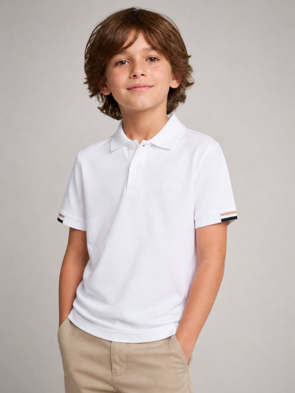 T-shirt per bambino Boss Kids bianca con colletto stile polo J53378 10P BOSS KIDS 