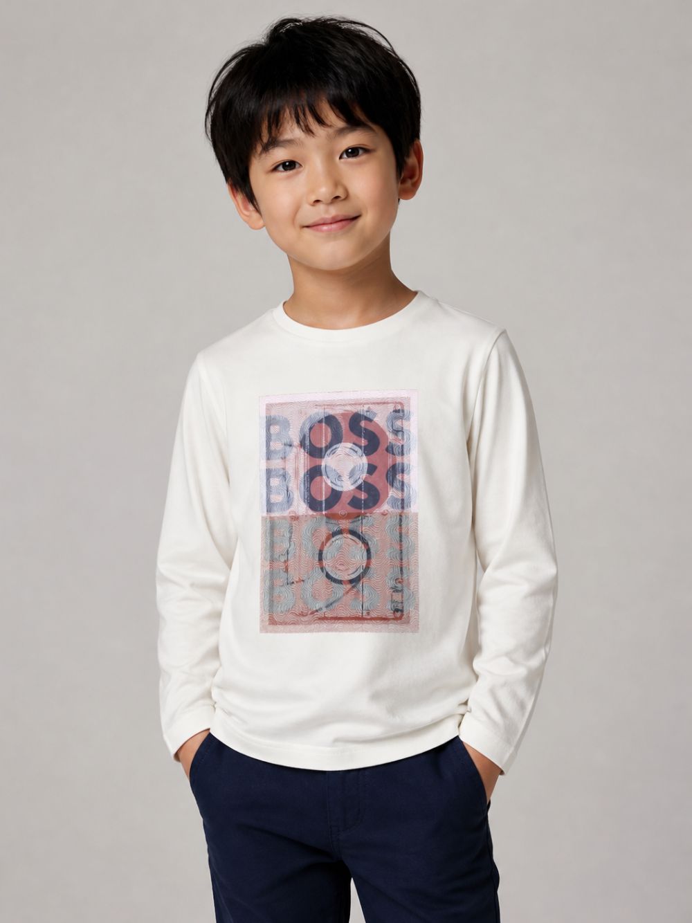 T-shirt per bambino Boss Kids bianca con stampa grafica sul davanti J53418 120 BOSS KIDS 