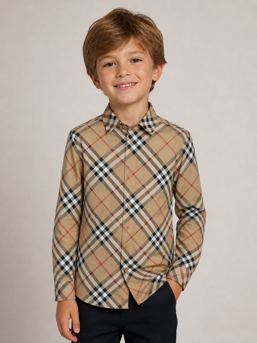 Camicia in cotone con motivo vintage check per bambino Burberry Kids beige con colletto alla francese 8088966 B9368 BURBERRY KIDS 
