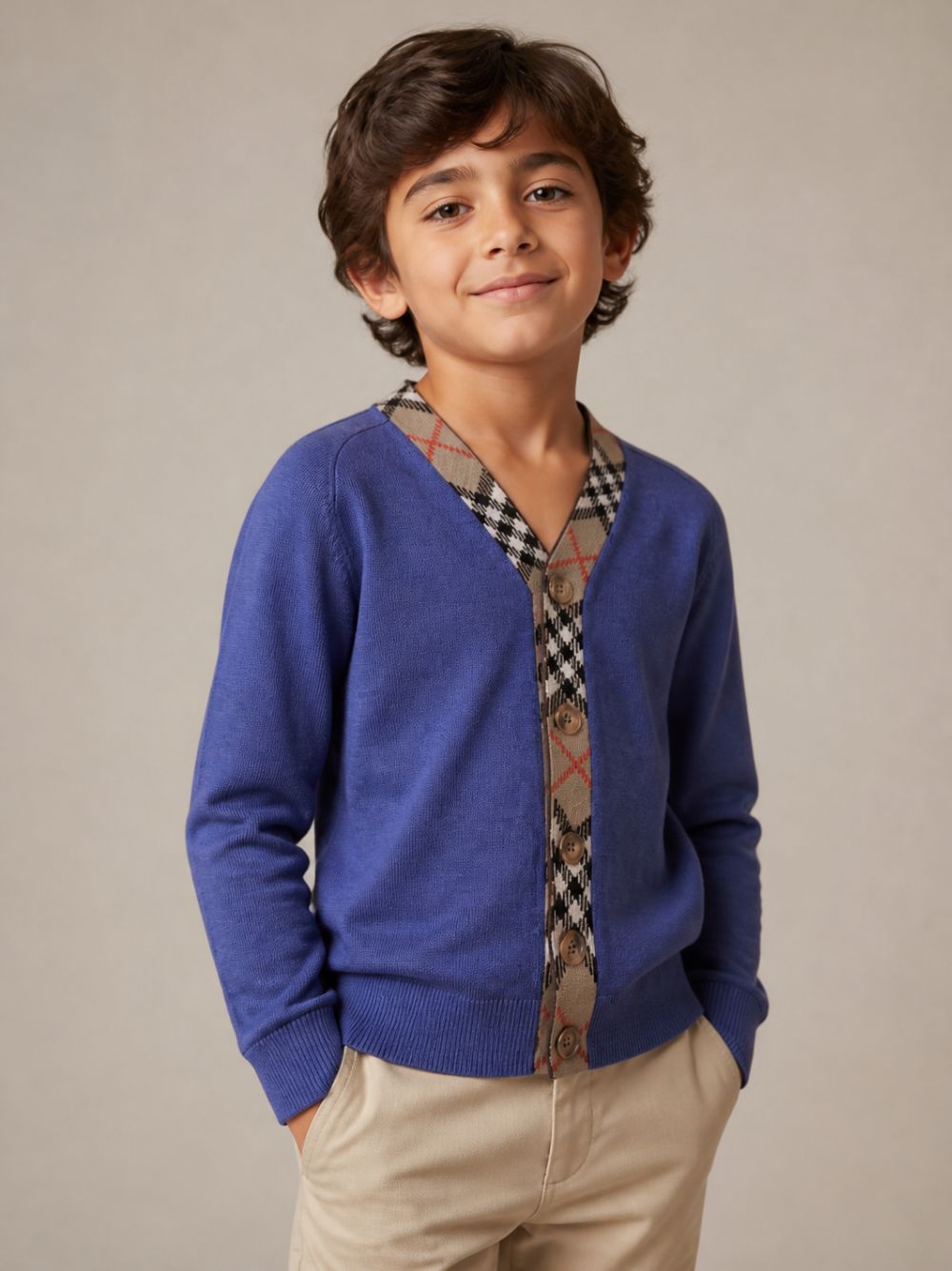 Cardigan per bambino Burberry Kids blu con bordo a quadri 8117637 C4145 BURBERRY KIDS 