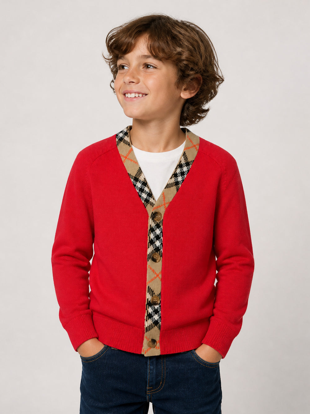 Cardigan per bambino Burberry Kids rosso con motivo Check 8130898 A4587 BURBERRY KIDS 
