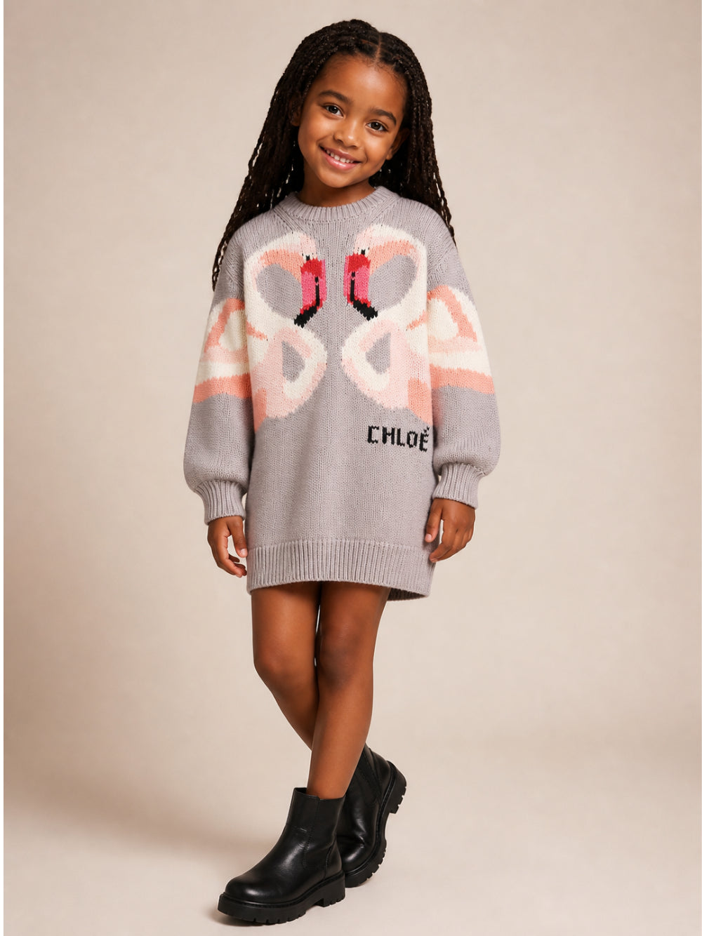 Abito per bambina Chloé Kids grigio con intarsio fenicotteri C21247 20B CHLOE' KIDS 