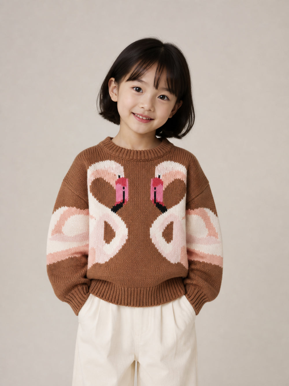 Maglione per bambina Chloé Kids marrone con intarsio fenicotteri C21294 31F CHLOE' KIDS 