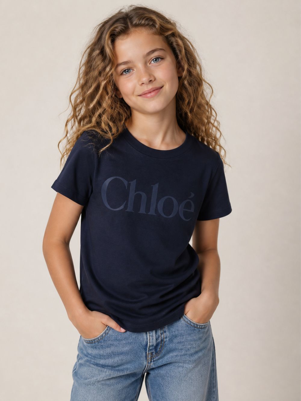 T-shirt per bambina Chloè Kids blu con stampa logo sul davanti C21301 859 CHLOE' KIDS 
