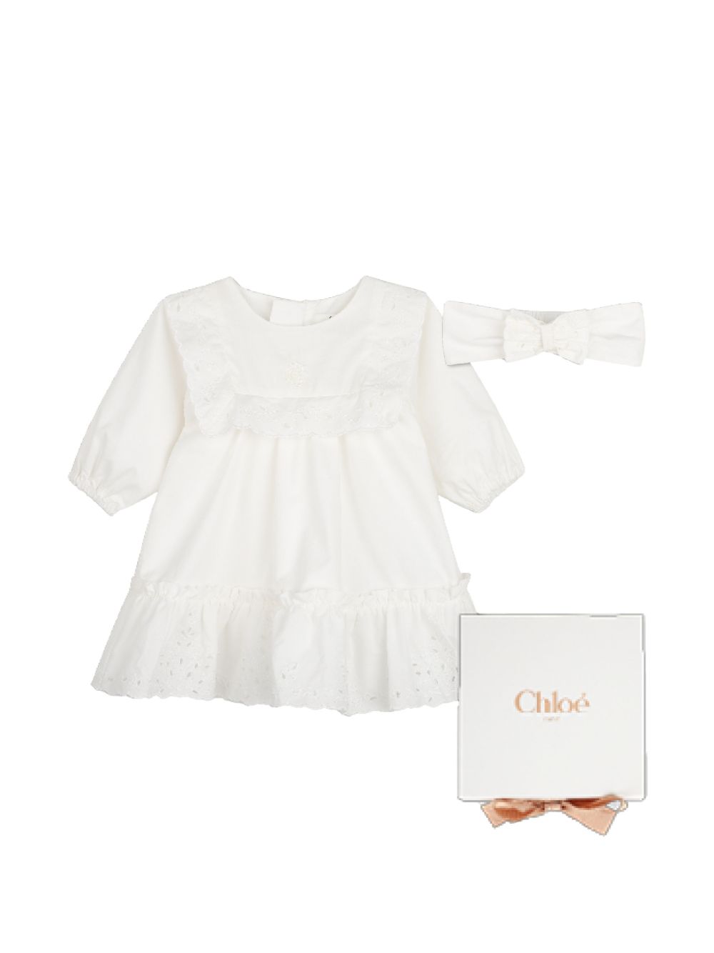 Set abito e fascia per neonata Chloé Kids bianco con decorazione con punto inglese C21377 117 CHLOE' KIDS 