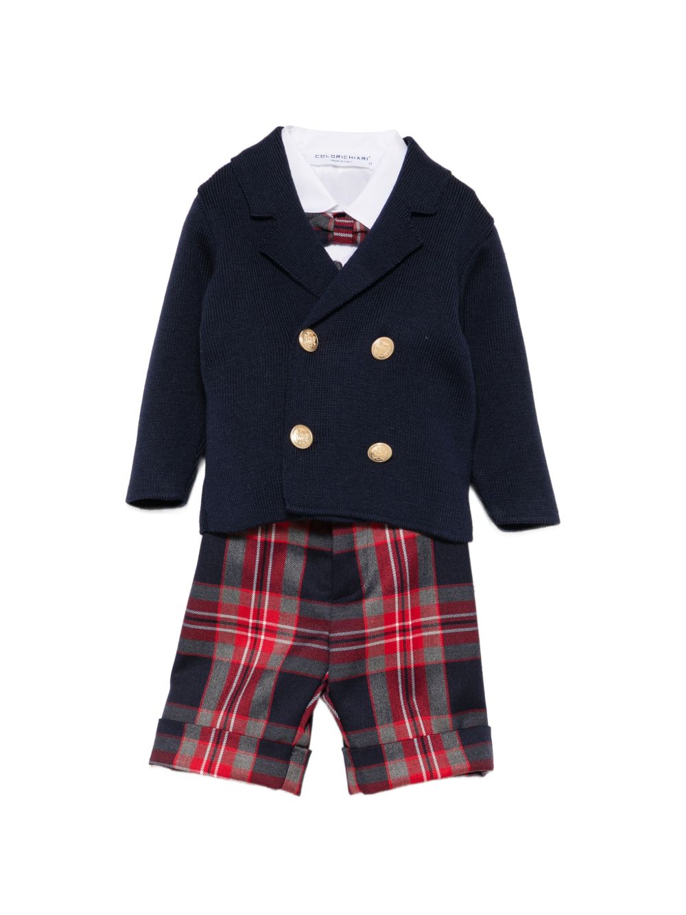 Set camicia cardigan salopette e papillon per neonato Colorichiari multicolore con stampa tartan MN408706 4997a 70 COLORICHIARI 