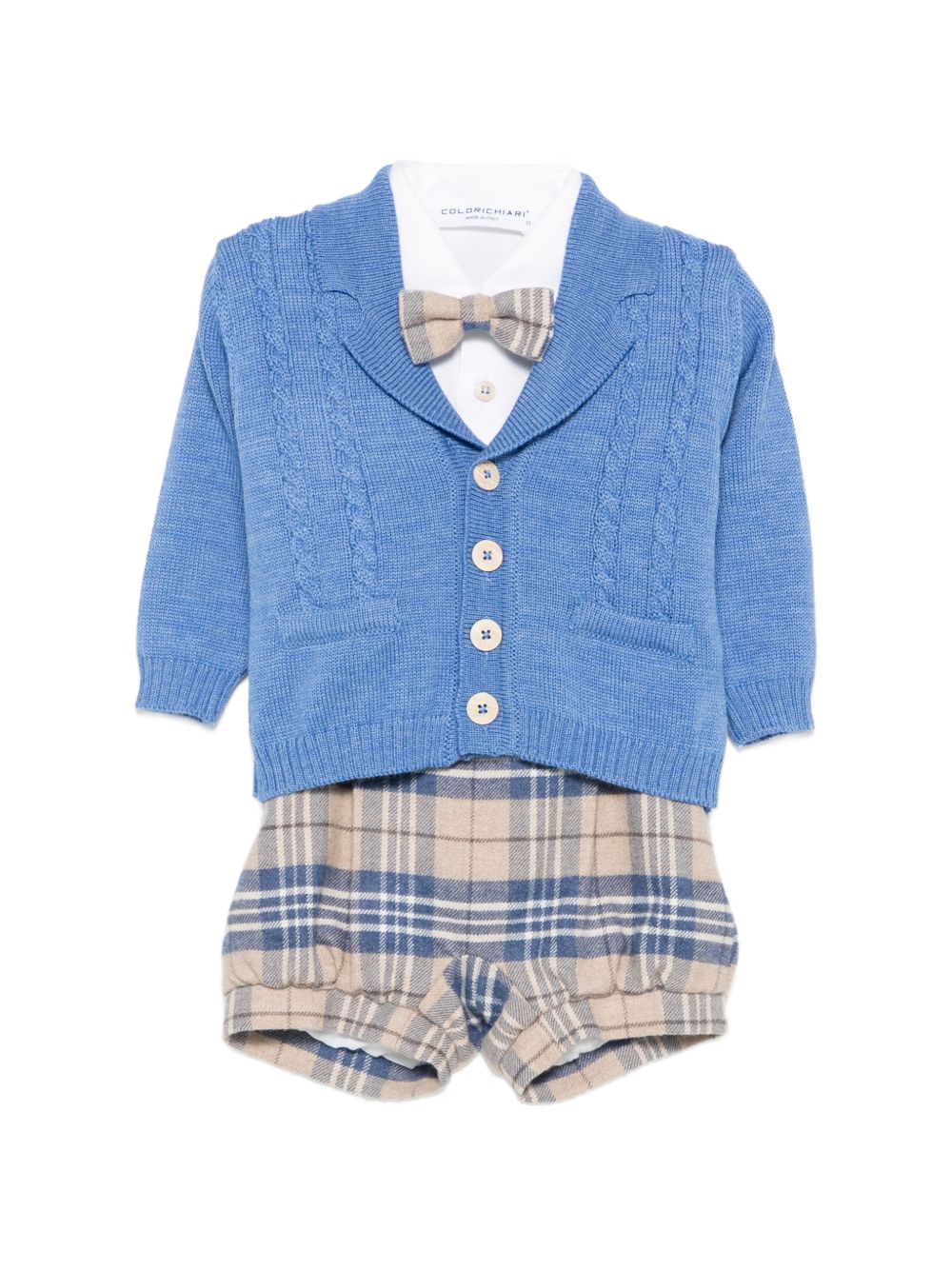 Set cardigan camicia shorts e papillon per neonato Colorichiari azzurro con design a quadri MN408713 5008 64 COLORICHIARI 
