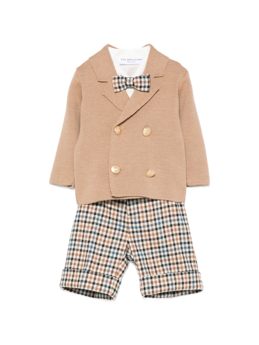 Completo giacca camicia pantaloni e papillon per neonato Colorichiari beige con motivo a quadri MN408726 4532 26 COLORICHIARI 