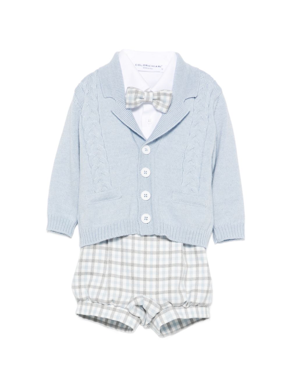 Set cardigan camicia shorts e papillon per neonato Colorichiari azzurro con design a quadri MN408733 5010 51 COLORICHIARI 
