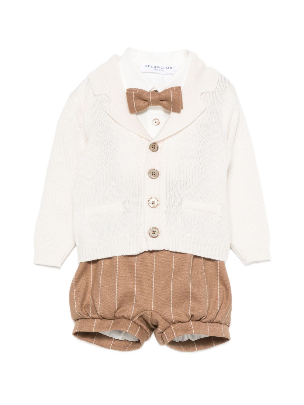 Set cardigan salopette camicia e papillon per neonato Colorichari beige con motivo gessato MN408740 5018e 28 COLORICHIARI 