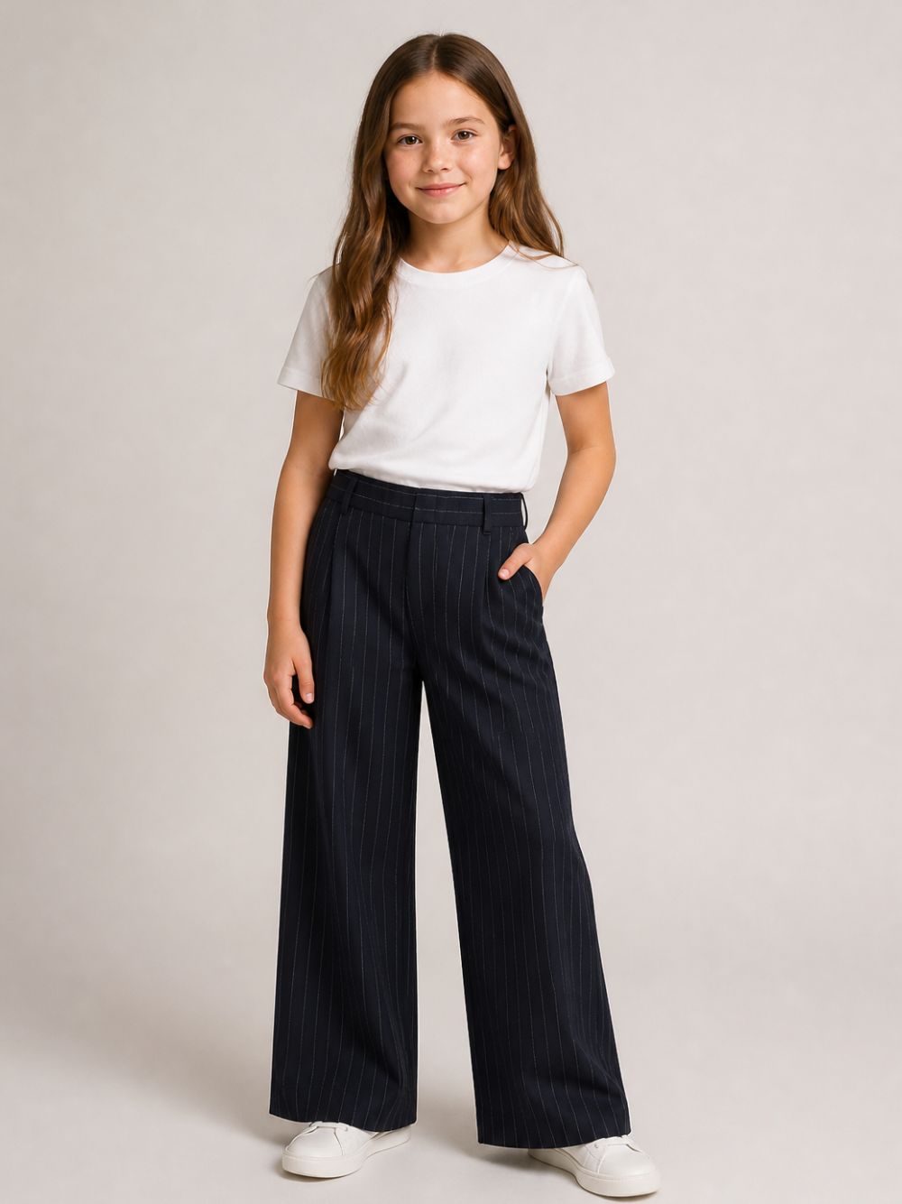 Pantaloni per bambina DKNY Kids blu con motivo gessato D62786 845 DKNY KIDS 