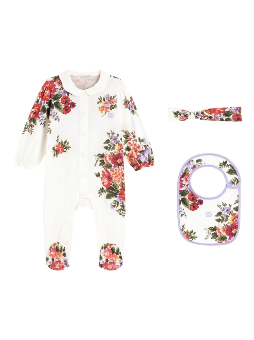 Set tre pezzi poer neonata Dolce & Gabbana Kids bianco con stampa a fiori all-over L2JO5D II7J6 HA5ZO DOLCE & GABBANA KIDS 