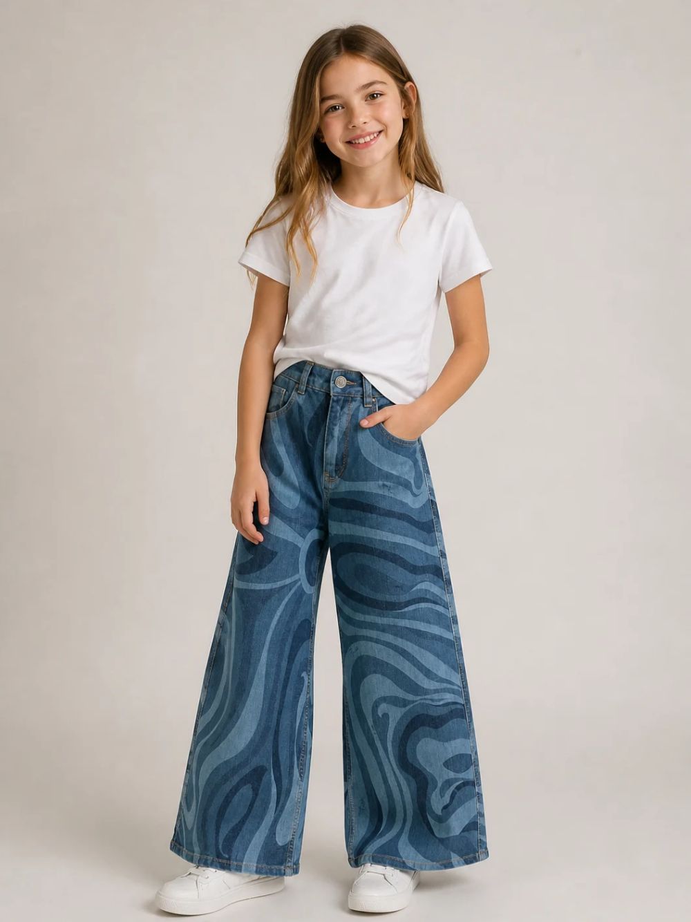 Pantalone per bambina Emilio Pucci Kids denim con stampa grafica marmo all-over PZ6B20 Z3664 620 EMILIO PUCCI KIDS 