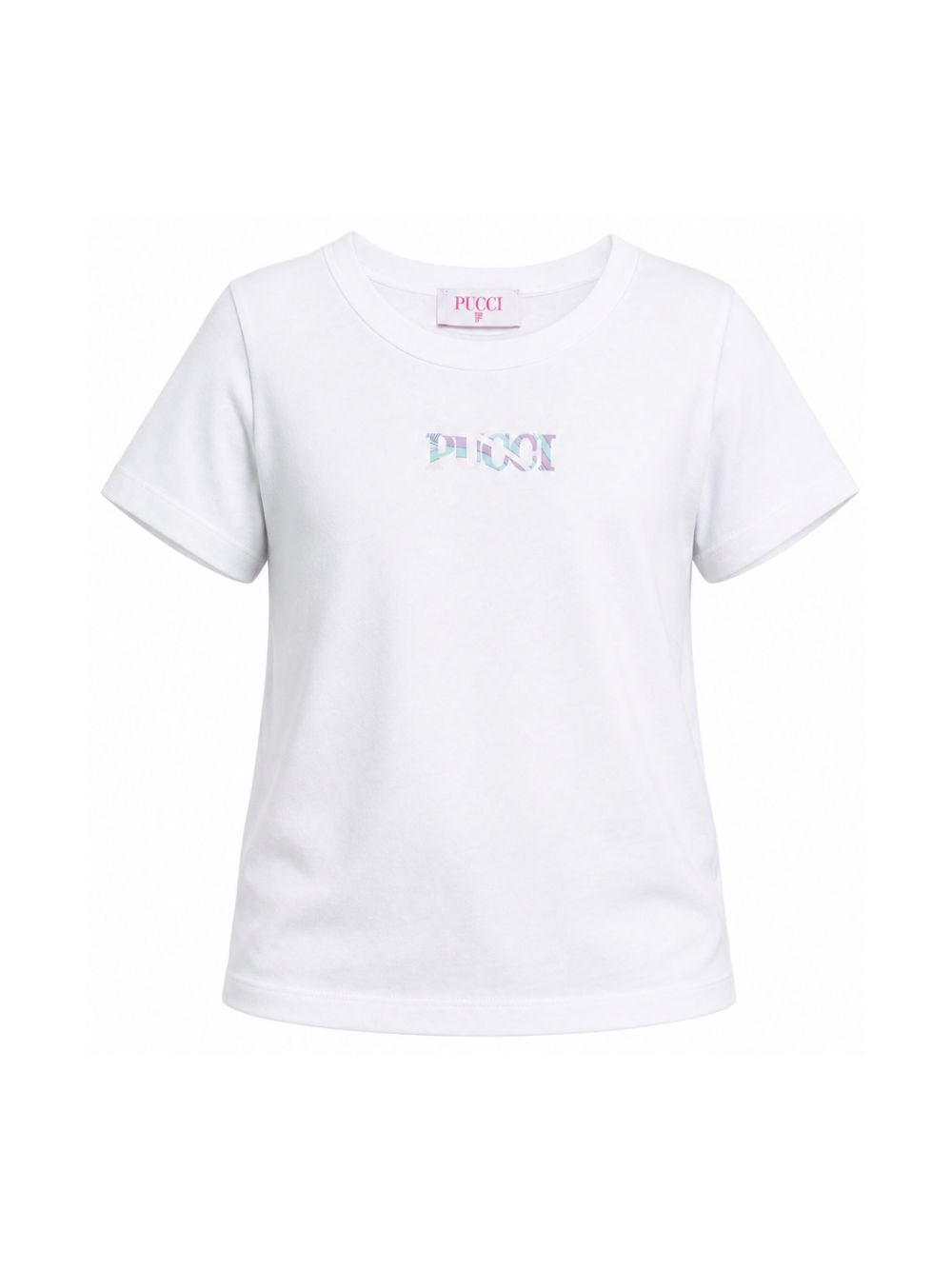 T-shirt per bambina Emilio Pucci Junior bianca con dettaglio logo con motivo Iride PZ8A21 Z3672 100 EMILIO PUCCI KIDS 