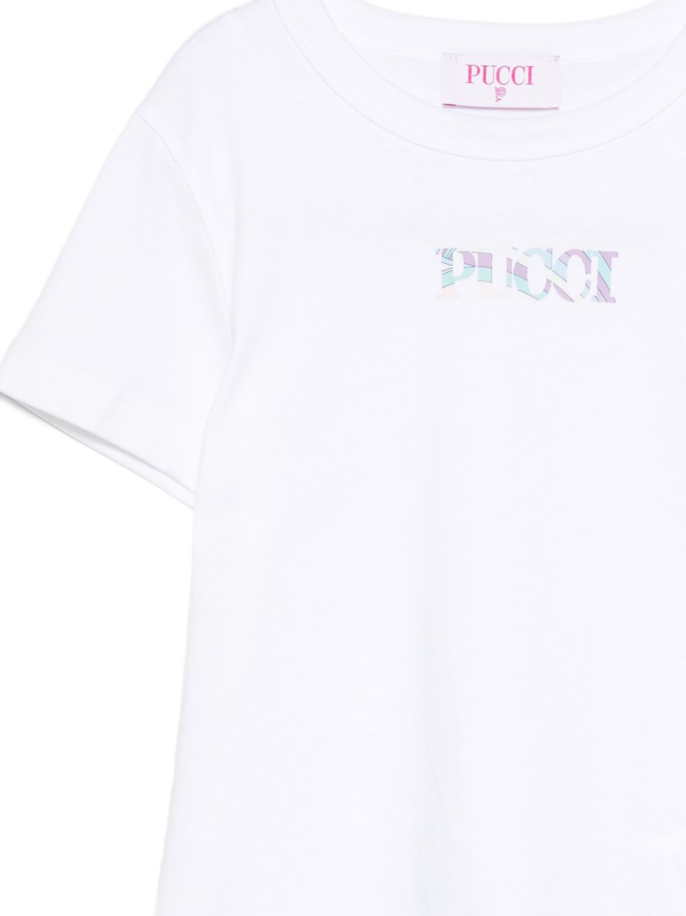 T-shirt per bambina Emilio Pucci Junior bianca con dettaglio logo con motivo Iride PZ8A21 Z3672 100 EMILIO PUCCI KIDS 