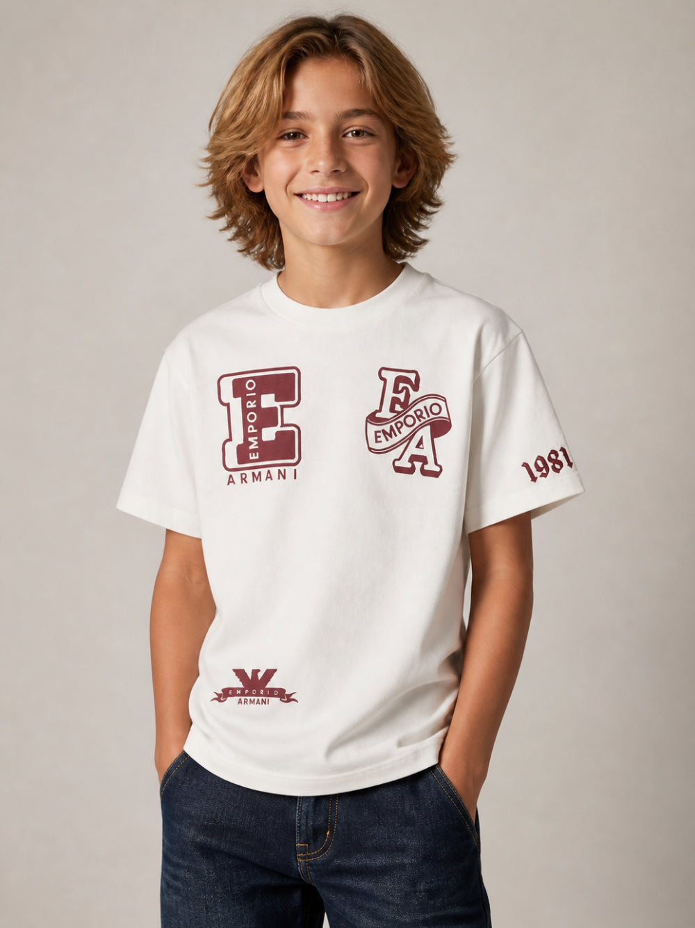 T-shirt per bambino Emporio Armani Kids bianca opaca con stampa logo sul davanti EB001362 AF13715 U1009 EMPORIO ARMANI KIDS 