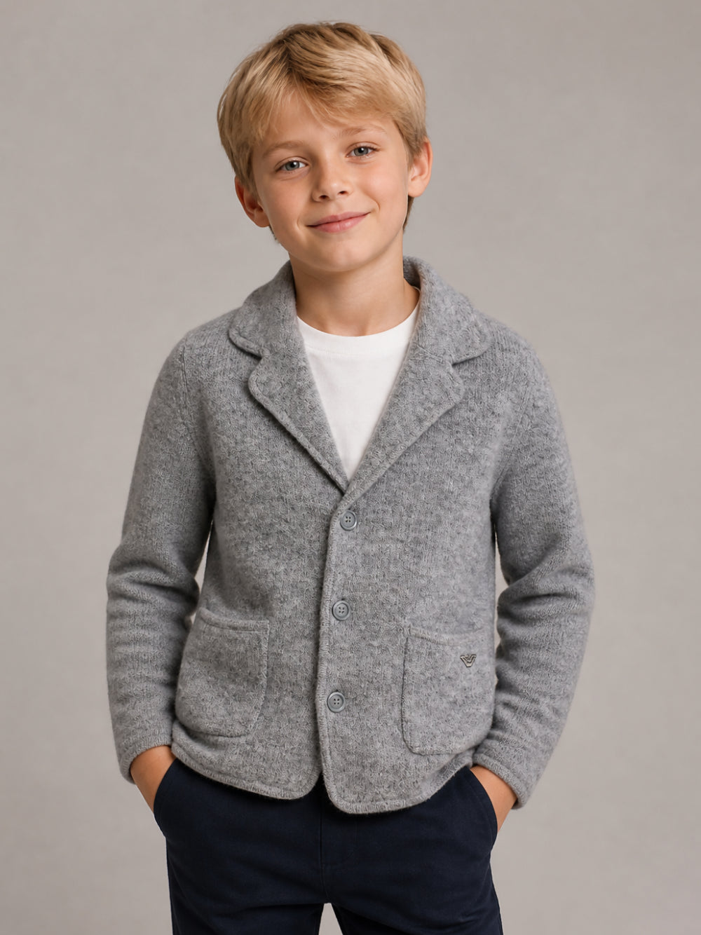 Cardigan per bambino Emporio Armani Kids grigio con design lavorato a maglia EB001579 AF27310 O8035 EMPORIO ARMANI KIDS 