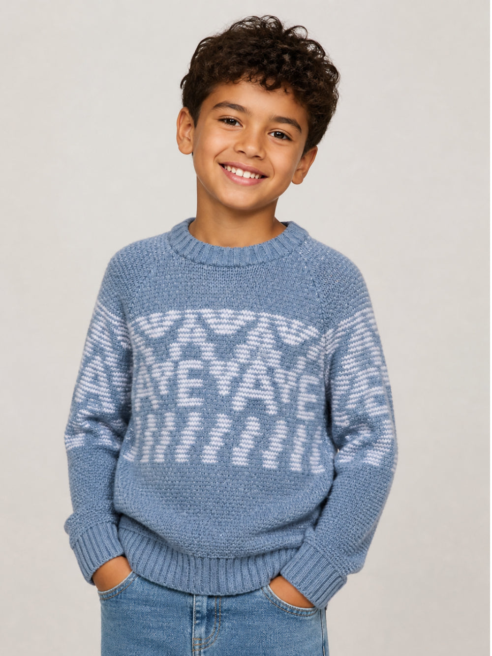Maglione per bambino Emporio Armani Kids azzurro con motivo geometrico EB001582 AF27313 F9026 EMPORIO ARMANI KIDS 