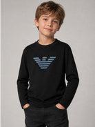 T-shirt per bambino Emporio Armani Kids blu con logo sul davanti EB001666 AF16162 UB118 EMPORIO ARMANI KIDS 