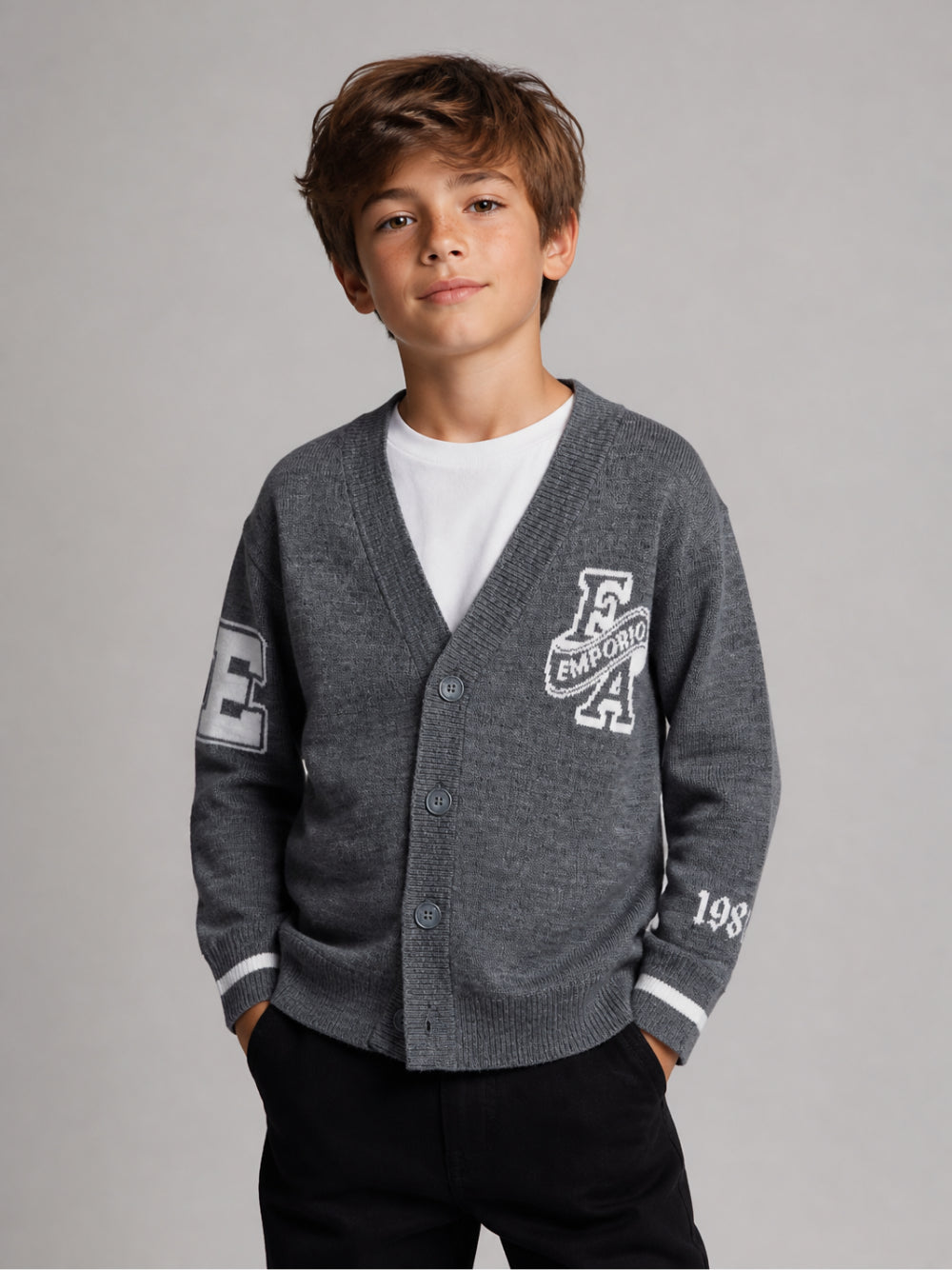 Cardigan per bambino Emporio Armani Kids grigio a maniche lunghe EB001686 AF27314 O8035 EMPORIO ARMANI KIDS 