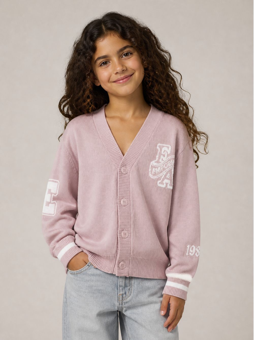 Cardigan per bambina Emporio Armani Kids rosa con decorazioni ricamate EB001686 AF27314 UA266 EMPORIO ARMANI KIDS 