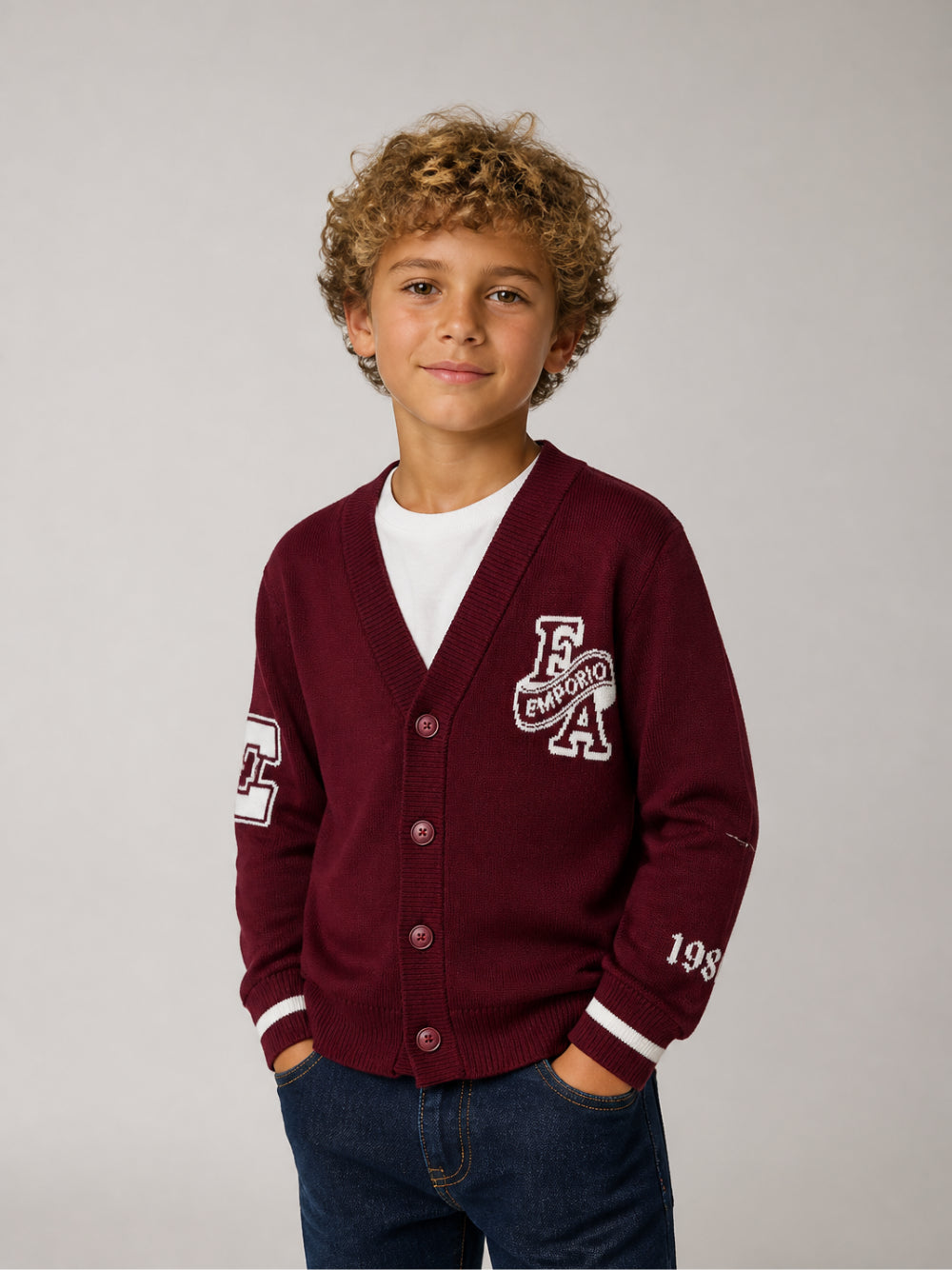 Cardigan per bambino Emporio Armani Kids bordeaux a maniche lunghe EB001686 AF27314 UA343 EMPORIO ARMANI KIDS 