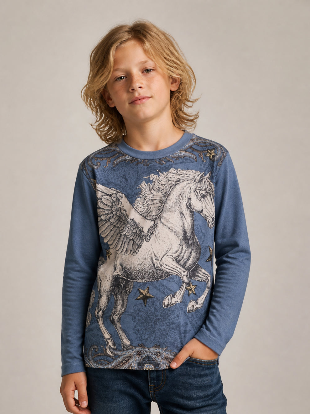 T-shirt per bambino Etro Kids blu con stampa Pegaso sul davanti GZ8H70 Z3693 617BG ETRO KIDS 