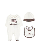 Set tutina cappellino e bavaglino per neonati Etro Kids bianco con Pegaso stampato sul davanti GZB550 Z3672 102 ETRO KIDS 