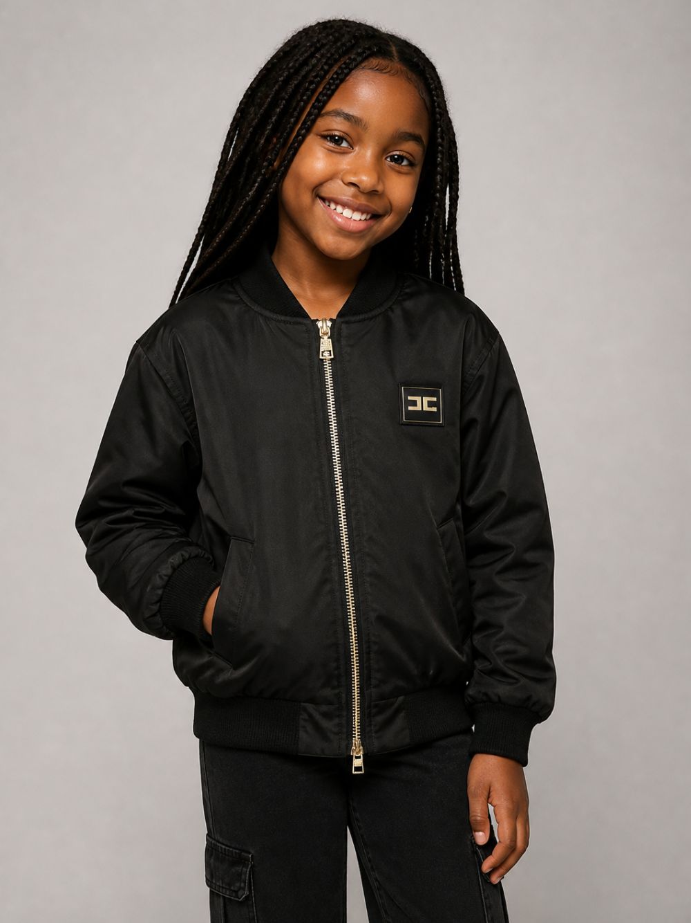 Giubbino per bambina Elisabetta Franchi La Mia Bambina nero con applicazione logo sul petto EFGB141CNY044 N000 ElISABETTA FRANCHI KIDS 