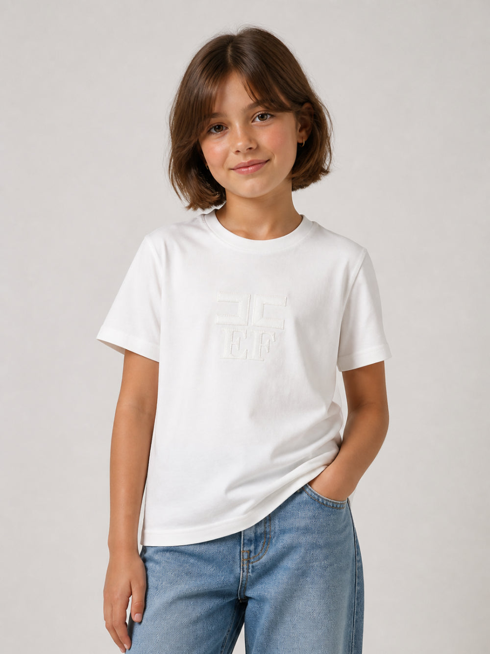 T-shirt per bambina Elisabetta Franchi La Mia Bambina bianca con logo sul davanti EFTS266CJE018 0004 ElISABETTA FRANCHI KIDS 