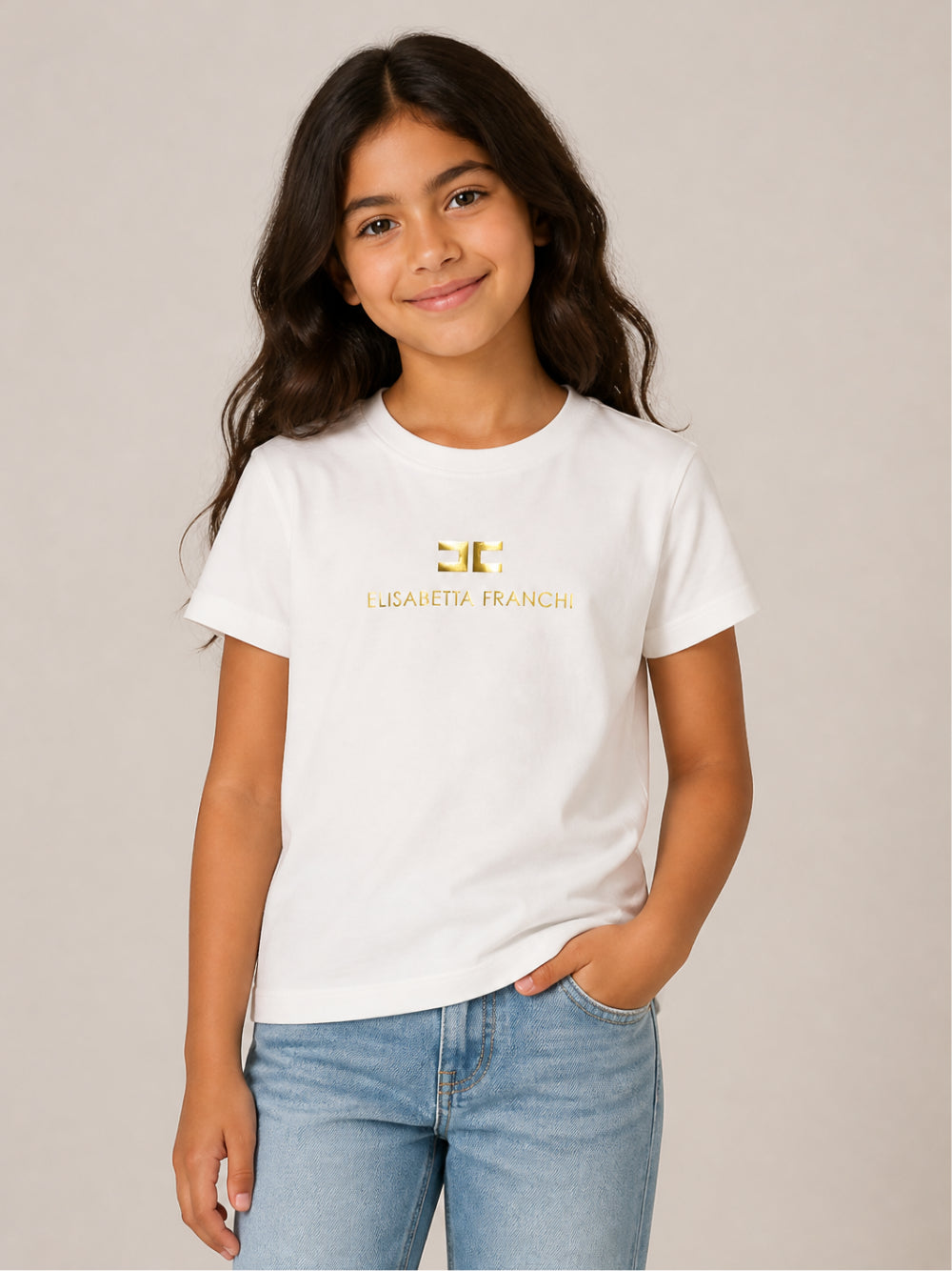 T-shirt per bambina Elisabetta Franchi La Mia Bambina bianca con logo sul davanti EFTS267CJE018 0045 ElISABETTA FRANCHI KIDS 