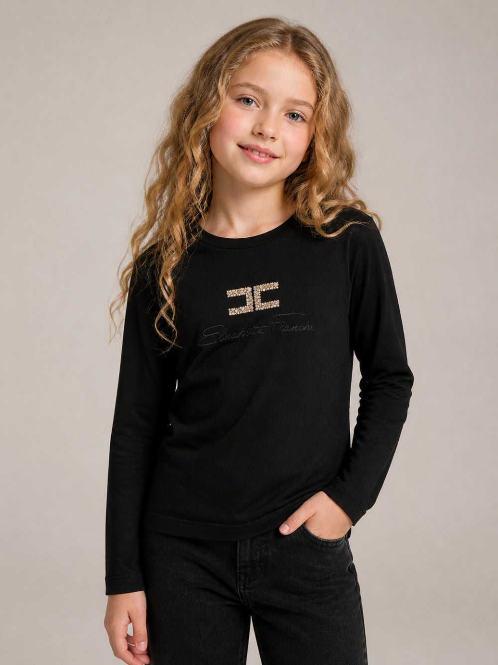 T-shirt per bambina Elisabetta Franchi La Mia Bambina nera con logo decorato EFTS273CJE018 N000 ElISABETTA FRANCHI KIDS 