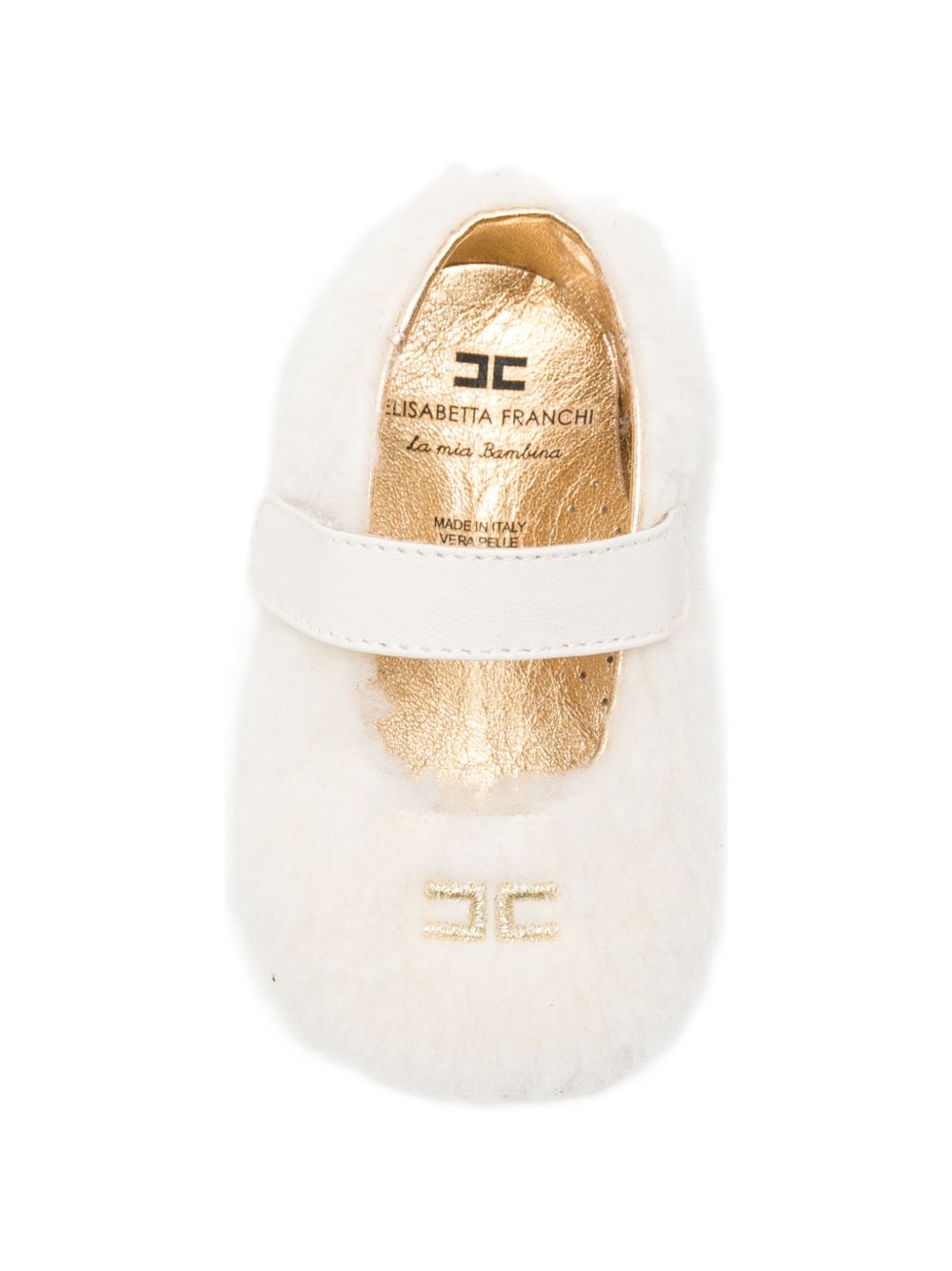 Ballerine per neonata Elisabetta Franchi La Mia Bambina bianche in pelliccia sintetica con placca logo F0A3E06111981 138 ElISABETTA FRANCHI KIDS 