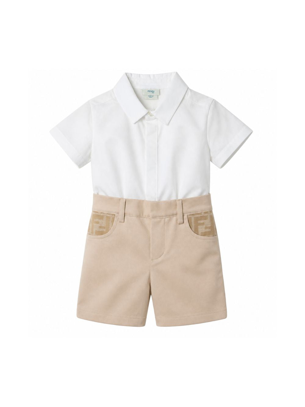 Set due pezzi camicia e shorts per neonato Fendi Kids bianco e beige con motivo logo BML164 AS5Y F1P2N FENDI KIDS 