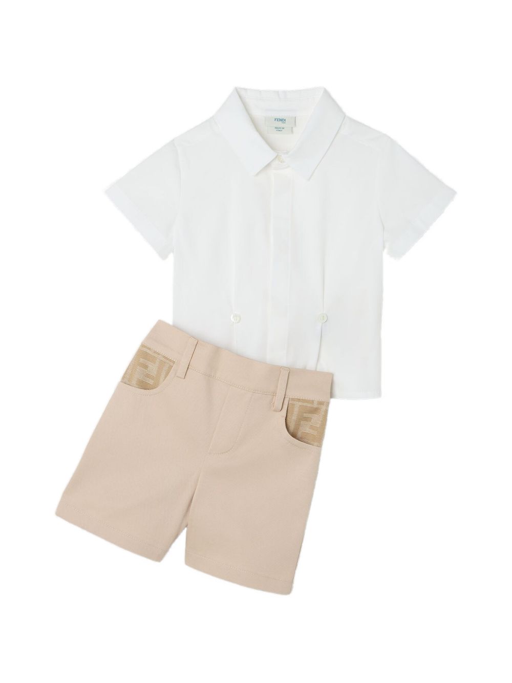 Set due pezzi camicia e shorts per neonato Fendi Kids bianco e beige con motivo logo BML164 AS5Y F1P2N FENDI KIDS 