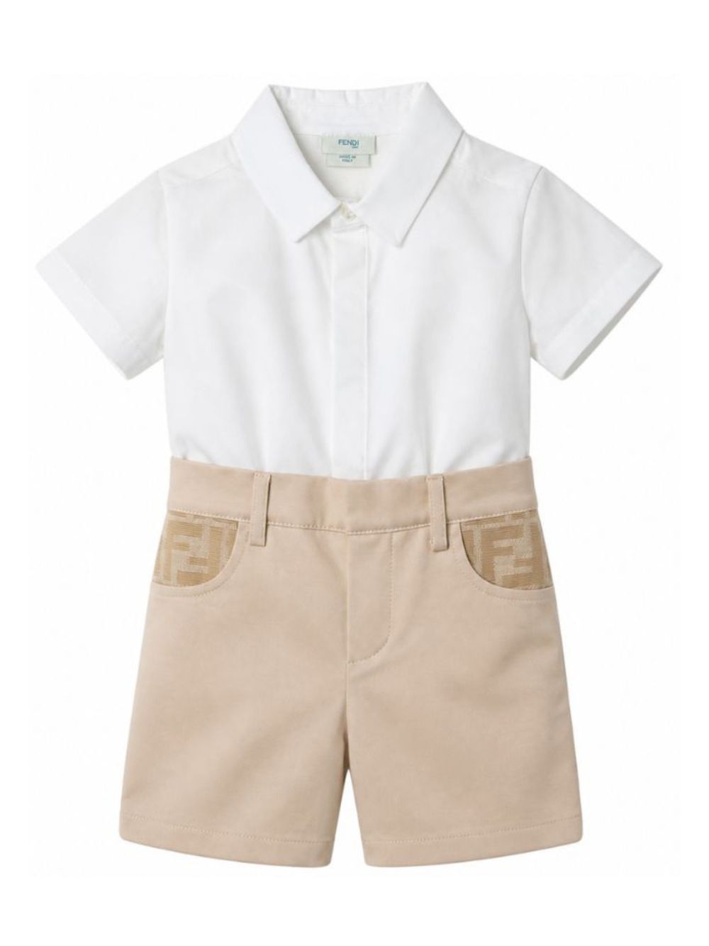 Set due pezzi camicia e shorts per neonato Fendi Kids bianco e beige con motivo logo BML164 AS5Y F1P2N FENDI KIDS 