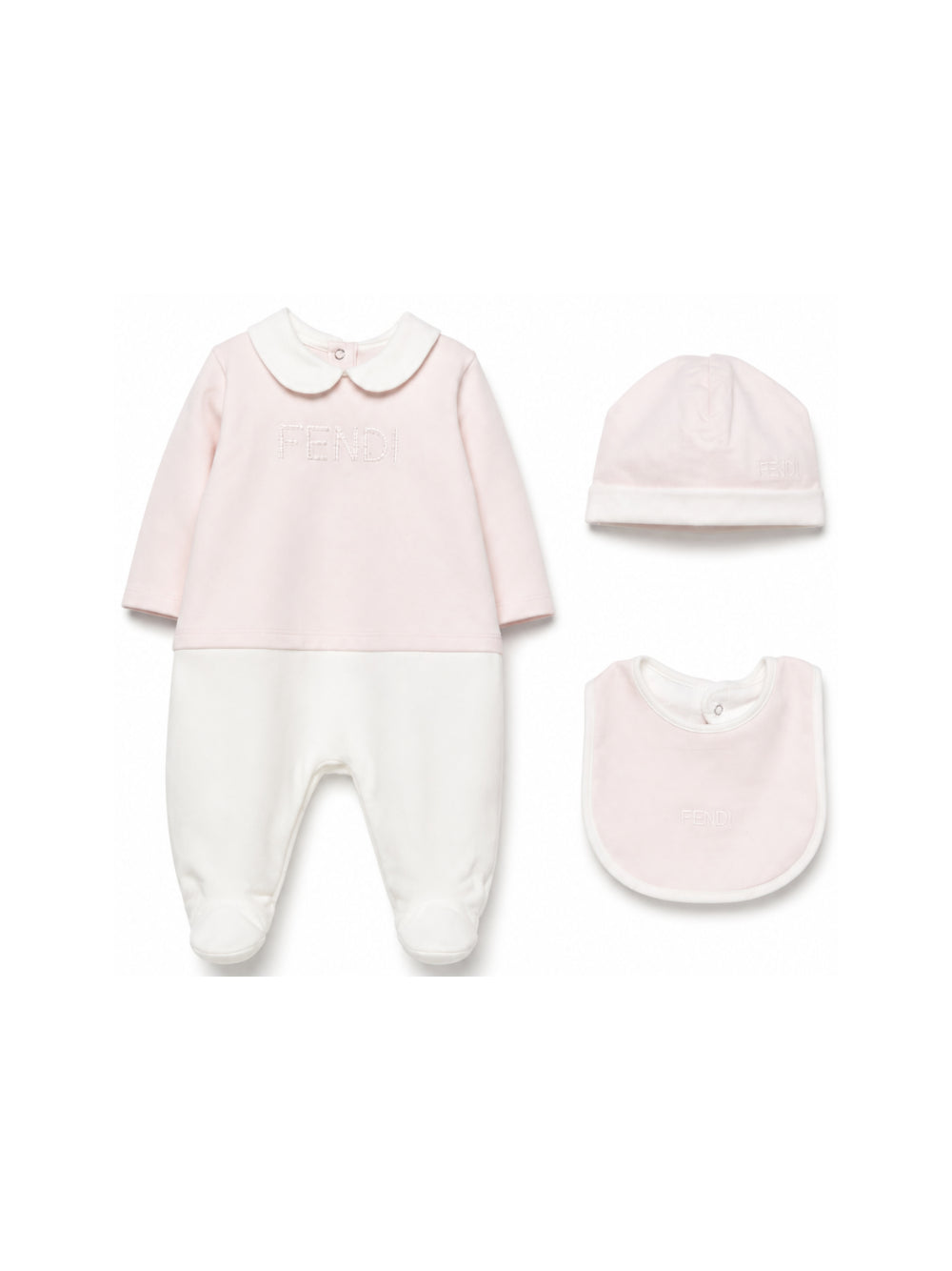 Set tutina cappellino e bavaglino per neonata Fendi Kids rosa con logo ricamato sul davanti BUK165 8RA F0C11 FENDI KIDS 