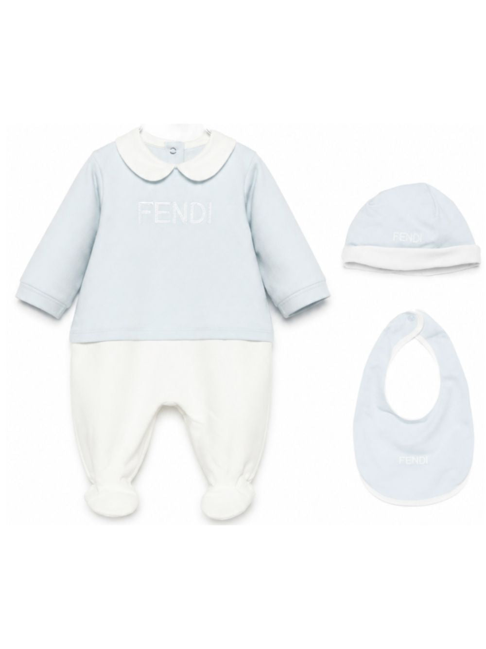 Set tutina cappellino e bavaglino per neonato Fendi Kids azzurro con logo ricamato sul davanti BUK165 8RA F19J4 FENDI KIDS 