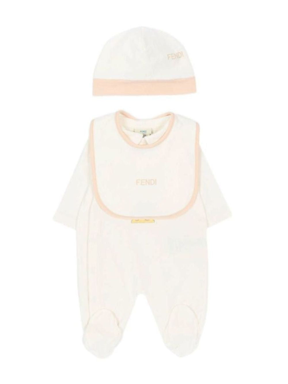 Set tutina, berretto e bavaglino per neonati Fendi Kids bianco con stampa orsetto BUK167 ST8 F0TU9 FENDI KIDS 